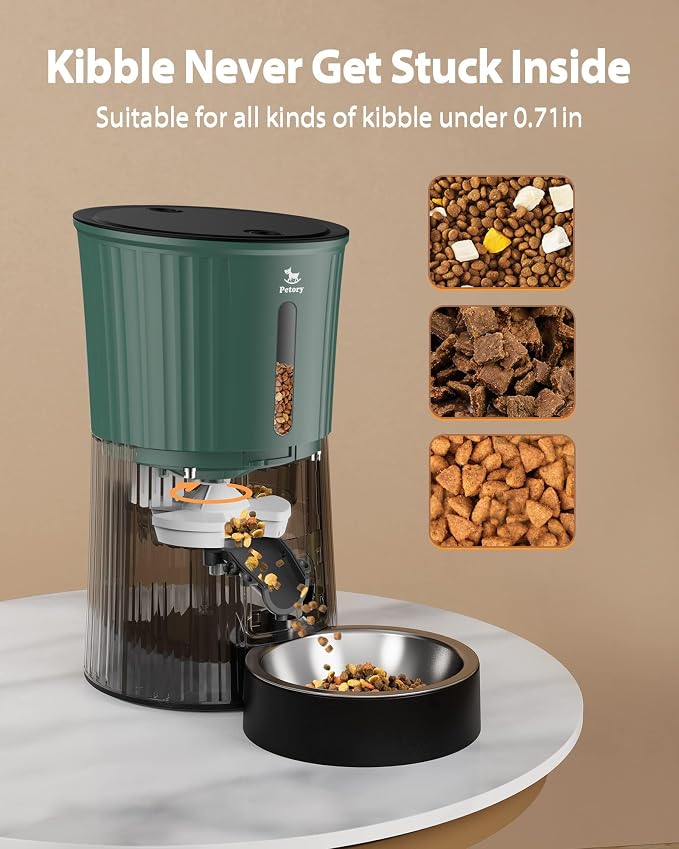 Timed Automatic Cat Feeder - 4L Dry Food Dispenser for Cats and Dogs | Programmable Portion Control, 6 Meals Daily, Dual Power Supply, 10-Second Voice Recorder, with Desiccant Bag, Green