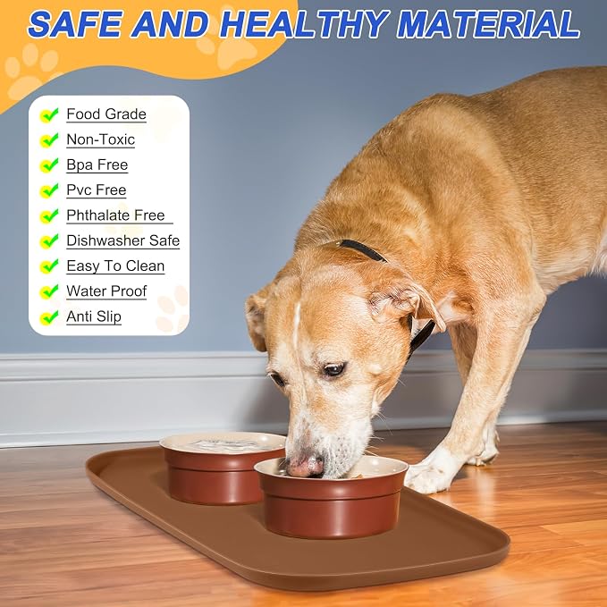 SMILOOL Waterproof Silicone Pet Food Mat with Raised Edge for Dog & Cat | 24" x 16" Non-Slip Pet Feeding Mats with Lip for Food & Water Bowl, Food Grade, Easy Cleaning, Brown