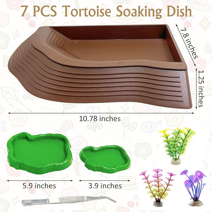 Reptile Bathing Pool 2-in-1 Tortoise Water Dish with Ramp Turtle Feeding Bowl with Steps Plastic Reptile Food & Water Dishes 7 Pcs Gecko Habitat Decoration Accessories Lizard Bath Tub