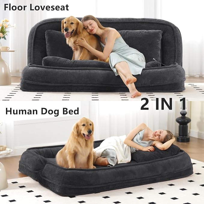 Foldable Lazy Sofa Bed, Double Human Dog Bed for Adults, Black | Skin-friendly Breathable Soft Chenille Upholstered, 5 Adjustable Backrest Positions, 3 Soft Cushions for Living Room