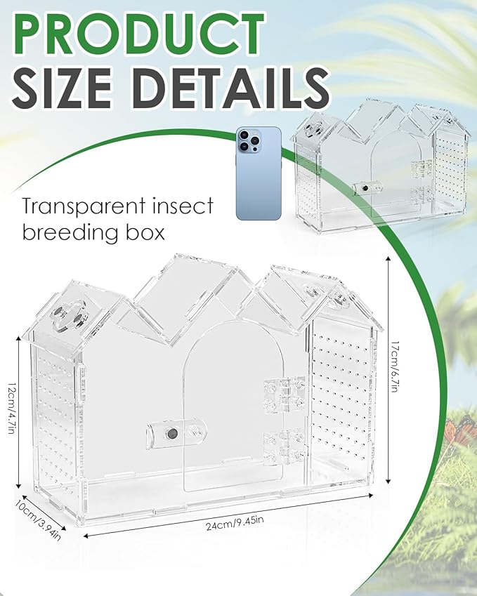 Jumping Spider Enclosure with Magnetic Front Door & Ventilation - 9.5"x3.9"x6.7" Acrylic Terrarium Habitat for Tarantulas, Mantis, Geckos & Reptiles