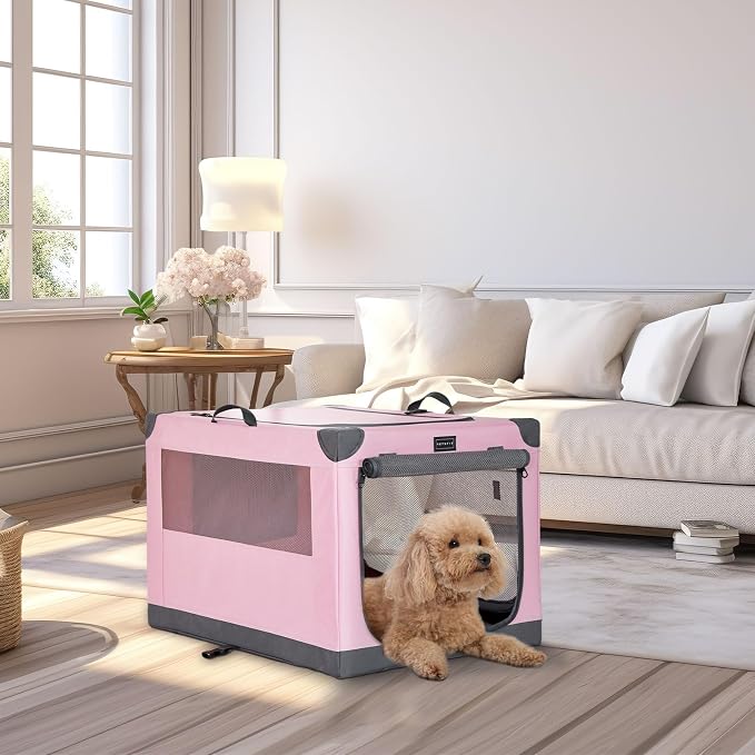 PETSFIT 26" Soft Portable Dog Crate – Patented Spiral Sturdy Frame, Collapsible Travel Kennel for Small Dogs, 3 Mesh Door, Lockable Zippers, Indoor & Car Use Pink