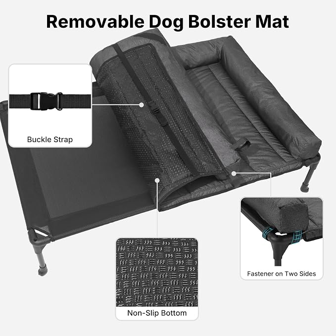 Veehoo Outdoor Elevated Dog Bed with Waterproof Bolster Cushion, Cooling | Raised Dog Bed with Removable & Washable Mat Topper, Breathable Mesh, Dog Couch Cot for Indoor Outdoor, 53", Large, Black