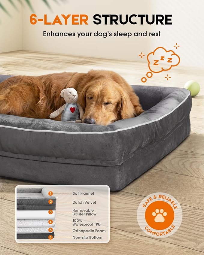 Upvilla Orthopedic Dog Bed XXL, Four-Sided Dog Sofa, Washable Cover, Gray | Removable Waterproof Dog Bed Cover, Egg-Crate Orthopedic Foam, Built-In Carry Handle, Indoor Large Pet Beds, Cat Beds