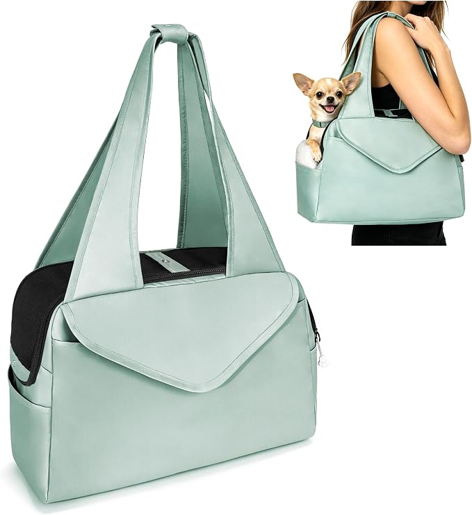 Lightweight Dog Purse with Large Pockets for Small Dogs up to 8 lb | Stylish, Soft-Sided Small Dog Carrier with Safety Buckle and Breathable Anti-Scratch Mesh for Travel, Sage Green
