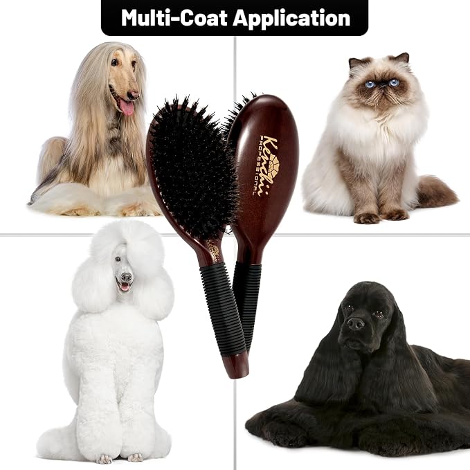 Kenchii Boar and Nylon Bristle Brush for Dog and Cat, Professional Grooming Brush with Maple Body, Lightweight, Non-Slip Rubber, Size Large