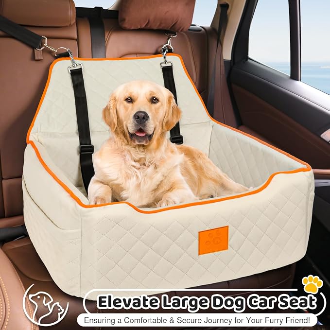 XIEEAOZEE Dog Car Seat for Large/Medium Pet Under 55Lbs or 2 Small Dogs | Detachable and Washable Booster Dog Seat Travel Pet Seat with Thick Cushion & Storage Pockets (Beige)