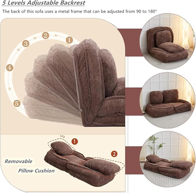 Foldable Lazy Sofa Bed with 5 Levels Adjustable Backrest, Brown | Comfy Upholstered Human Dog Bed for Adults and Pets, Lazy Floor Lounger with 2 Soft Cushions for Living Room Bedroom