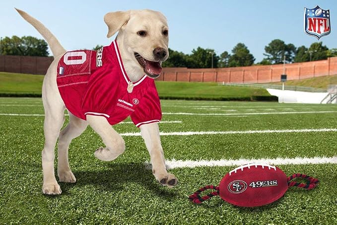 NFL San Francisco 49Ers PET GIFT BOX with 2 Licensed DOG TOYS, 1 Logo-engraved NATURAL DOG TREAT, 1 NFL JERSEY, 1 NFL Puppy Training Bells & 1 Car Seatbelt
