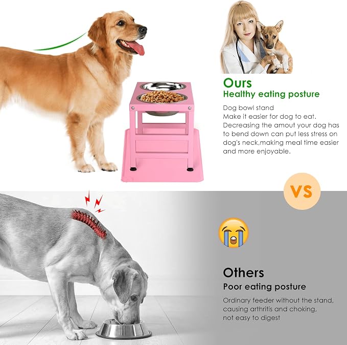 ADENGL Pink Metal Raised Dog Bowl Stand for Large Dogs, Stronger Elevated Dogs Bowls with Sprill Proof Mat, Food & Water Bowl 10in Tall Feeder (42OZ-Stainless Steel Dog Bowls, Mat-12x19 in)