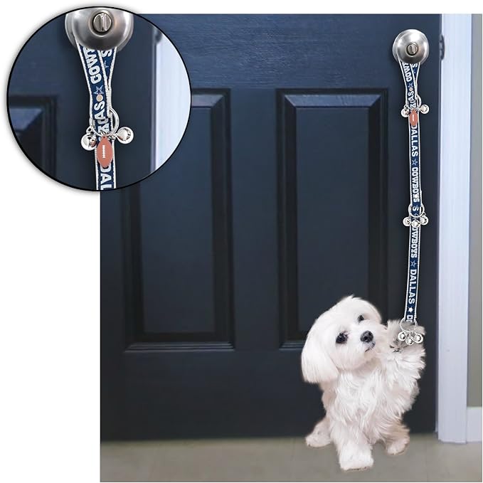 NFL Dallas Cowboys PET GIFT BOX with 2 Licensed DOG TOYS, 1 Logo-engraved NATURAL DOG TREAT, 1 NFL JERSEY, 1 NFL Puppy Training Bells & 1 Car Seatbelt