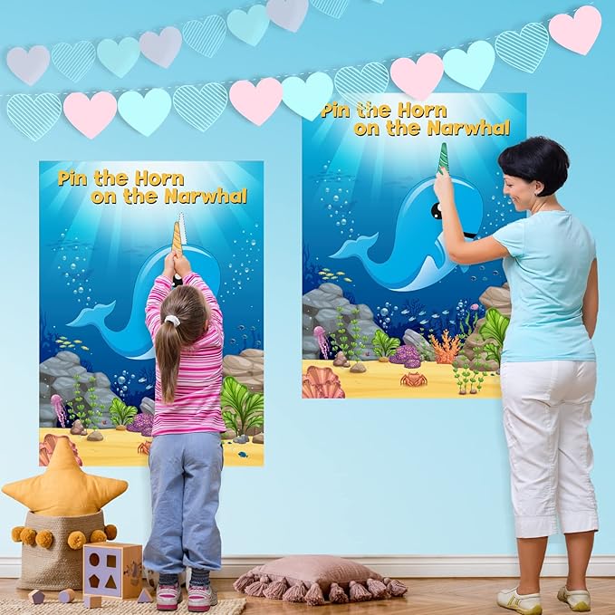 NEBURORA 2 Pack Pin The Horn on The Narwhal Party Game 2 Large 21"x 28" Posters with 48pcs Stickers Ocean-themed Birthday Party Supplies Decorations for Kids Boys Classroom Game Wall Home Decor