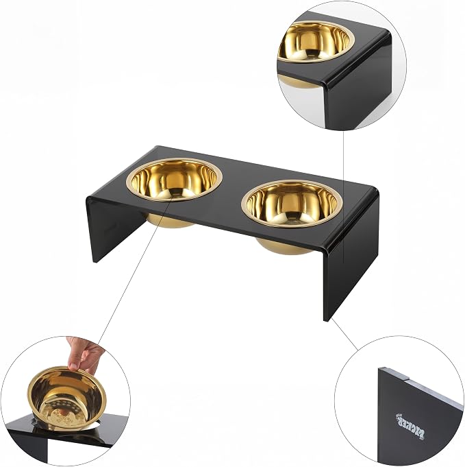 DBL2000B Keaton 5" Small/Medium Modern Lucite Rectangular Elevated Pet Feeder with 20oz 2-Stainless Steel Bowls, Black/Gold