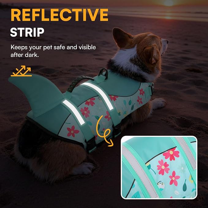 Dog Life Jacket, Dog Life Vest for Swimming, Doggie Shark Swimming Vest with Rescue Handle, Adjustable Reflective Pet Lifesaver Preserver for Small Dogs, Blue Flower S
