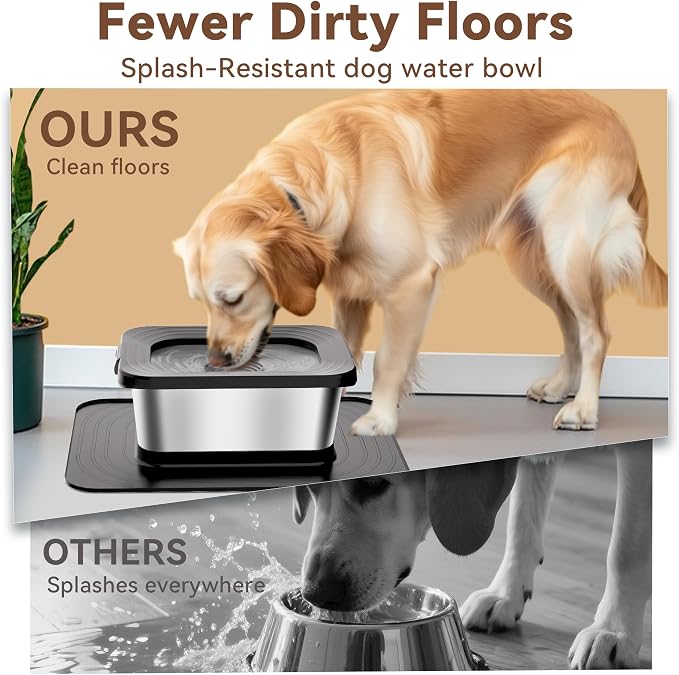 10L No Spill Dog Water Bowl Stainless Steel for Messy Drinkers | Large Capacity Slobber Stopper, Slow Drinking Anti Splash Design, XXL Silicone Mat, For Large Dogs & Multi-pet Homes, Black