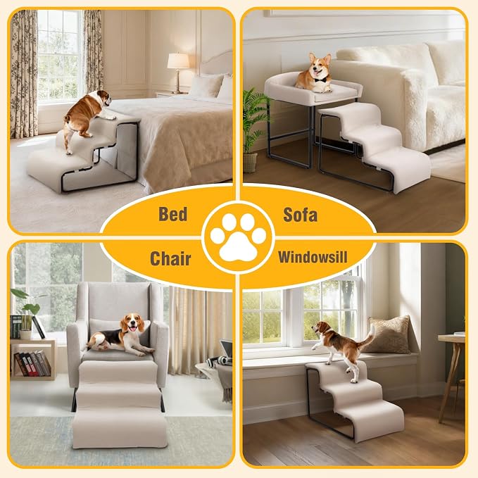 Dog Steps with Beside Pet Bed Set for Bed Window Sofa Dog Window Perch with Stairs for Small Pets Pet Steps and Window Perch with Sturdy Metal Frame and Soft Cushion for Small Dogs (with Pet Bed)