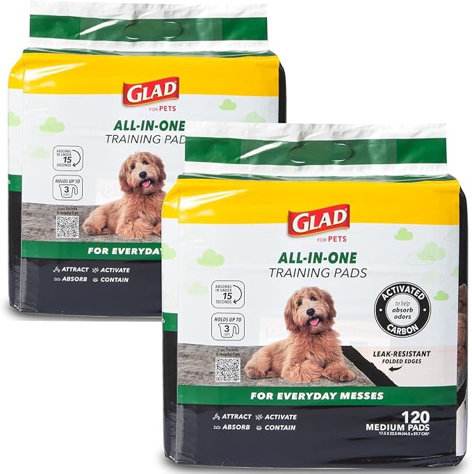 Glad for Pets Black Charcoal Puppy Pads, 17.5 x 23.5 Inch, 120 Count, 2-Pk | Super-absorbent core, disposable design, 17.5x23.5 in, potty crate and indoor training