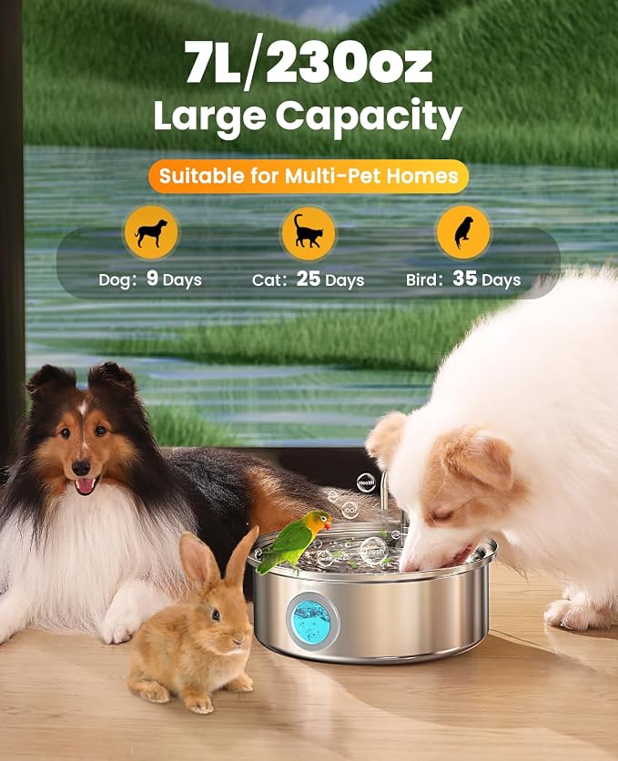 Oneisall Pet Water Fountain with 5 Set Filters, 7L/230oz Quiet Dog Water Dispenser, Stainless Steel Dog Fountain with Visual Water Level&4-Layer Filtration for Large Dogs