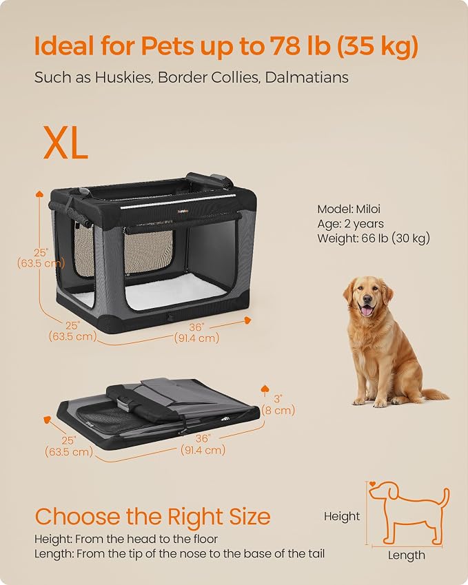 Feandrea Collapsible Dog Crate, Portable Travel Crate, 36-Inch | Oxford Fabric Pet Carrier with 4 Mesh Doors, Handles, Storage Pocket, Water Bottle Holder, UPDC019B01