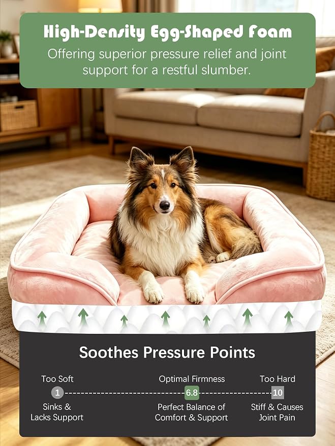 Spotted Play Orthopedic Dog Bed with Sides - Sofa Beds for Large Dogs, Supportive Foam Pet Couch Bed with Washable Removable Cover, Waterproof Lining and Non-Slip Bottom, Pink - L-Plus