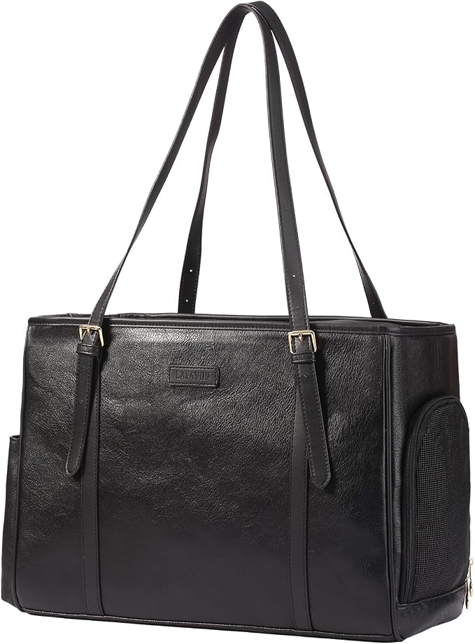 Fashion Dog Purse Pet Carrier Leather Bag for Small Dogs Cats Puppy, Portable Tote Bag Airline Approved Soft-Sided Carriers (Black)