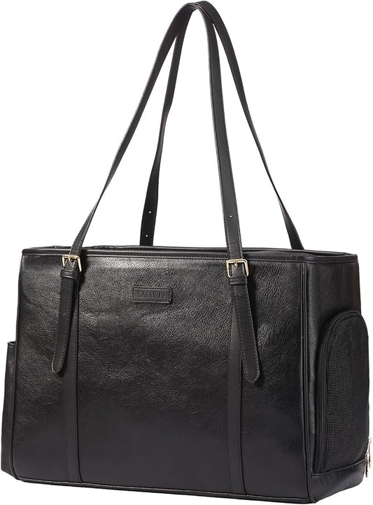 Fashion Dog Purse Pet Carrier Leather Bag for Small Dogs Cats Puppy, Portable Tote Bag Airline Approved Soft-Sided Carriers (Black)
