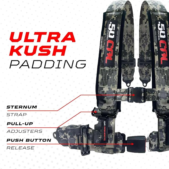1pc 50 Cal Camo 4 Point Harness 3in Straps, Racing Harness Seat Belt | Ultra Kush padding, Push Button quick release hardware. Universal Fit for UTV, RZR, race car.