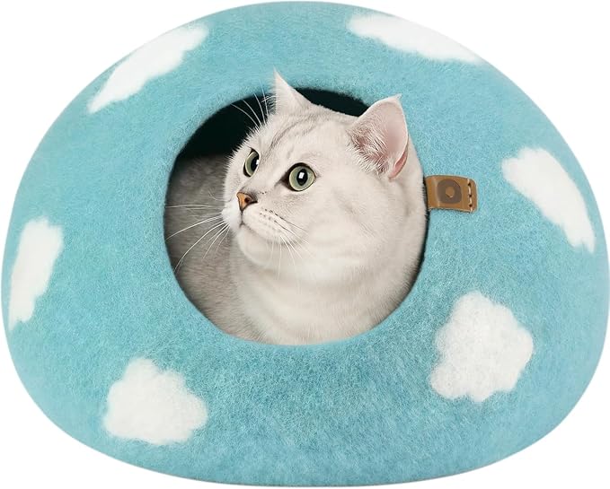 Cat Cave – Premium Felt Cat Bed Enclosure for Indoor Cats, Handmade Merino Wool (Cloud Nap Blue, Medium)