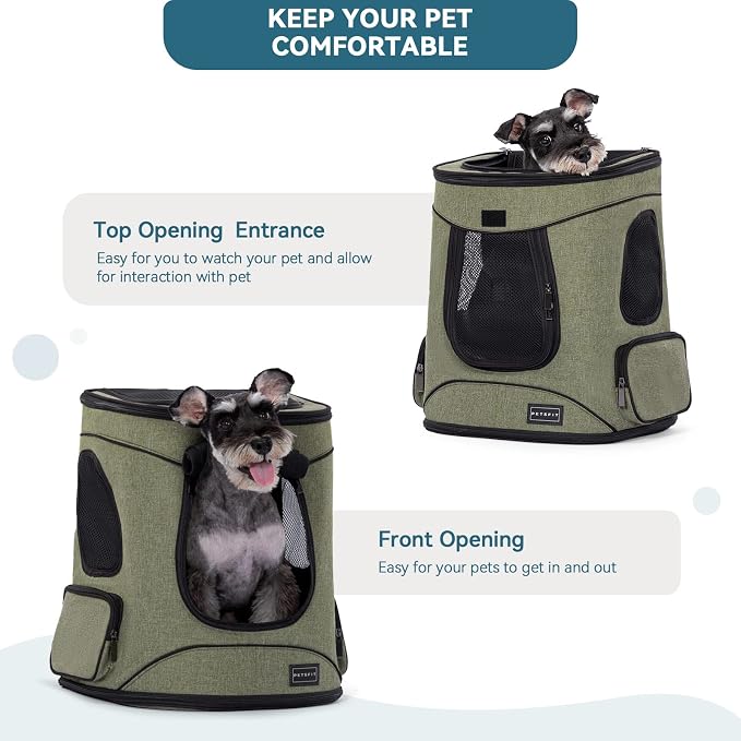 Petsfit Dog and Cat Backpack Carrier, Padded Waist Support, Up to 18 lb | 13.5 x 12.5 x 17.5 in; reinforced frame, 600D Oxford, 4 mesh panels, lockable zippers, safety tether and washable mat.
