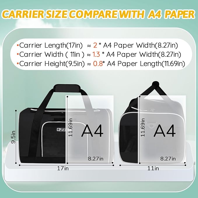 Small Pet Carrier 17" L x 11" W x 9.5" H Airline Approved, Black | for Alaska Airlines, Lockable Safety Zippers and Anti-Scratch Mesh, Pets Under 10 lbs