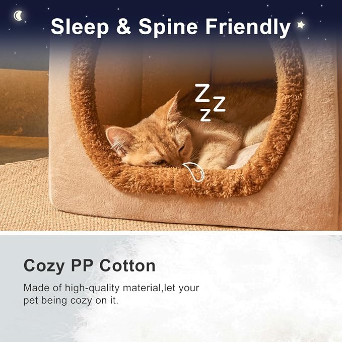 Cute Cat Beds for Indoor Cats,Foldable Cat House with Non-Slip Bottom,Brown | S Size Kitten Bed for 0-6 Lb Dogs and 0-8 Lb Cats,Cat Nest Puppy Cave,Soft Cozy Dog Cave Bed