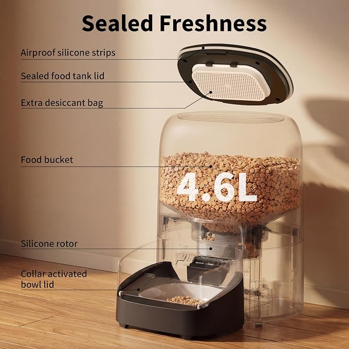 HoneyGuaridan RFID Automatic Cat Feeder,Collar Tag for Personalized Meal | 4.6L 5G WiFi Cat Food Dispenser with Cats Recognition,Diet Tracking and Anti-theft for Multi Pet Home and Different Diet