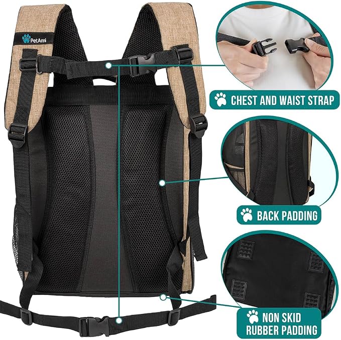 PetAmi Dog Backpack Carrier for Small Medium Dogs Large Cats up to 18 lbs, 2 Side Entry, Structured No-Collapse Frame, Airline Approved Ventilated Pet Backpack for Hiking Camping Travel Vet, Taupe
