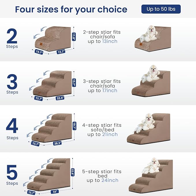 GoGoBunny Waterproof High Density Foam Curved Dog Stairs for High Beds Couches 19.7" H, 4-Step Ramp Dog Steps Friendly to Small Medium Dogs or Pets Joints, Non-Slip Balanced Durable Pet Step, Camel
