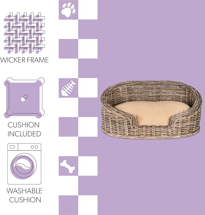 DBD1000A Curvy 28.5" x 17.25" Classic Handwoven Rattan Dog Bed with Machine-Washable Cushion, Kubu Gray