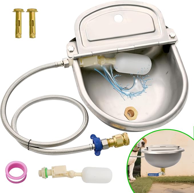 Automatic Dog Water Dispenser with Drain Hole & Drain Valve, Stainless Steel Auto Dog Water Bowl with 2 Float Valves, Hose Quick Connect Fitting, for Livestock, Chicken, Horse (1 Gallon)