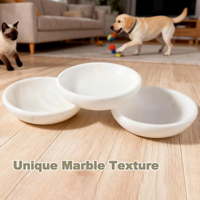 White Cat Bowl, Marble Food and Water Bowl for Cat and Small Dog, Heavyweight 1.5lb Non-Tip Pet Food Dish with Slip-Proof Pad, Premium Stone Feeder for Elegant Home Decor