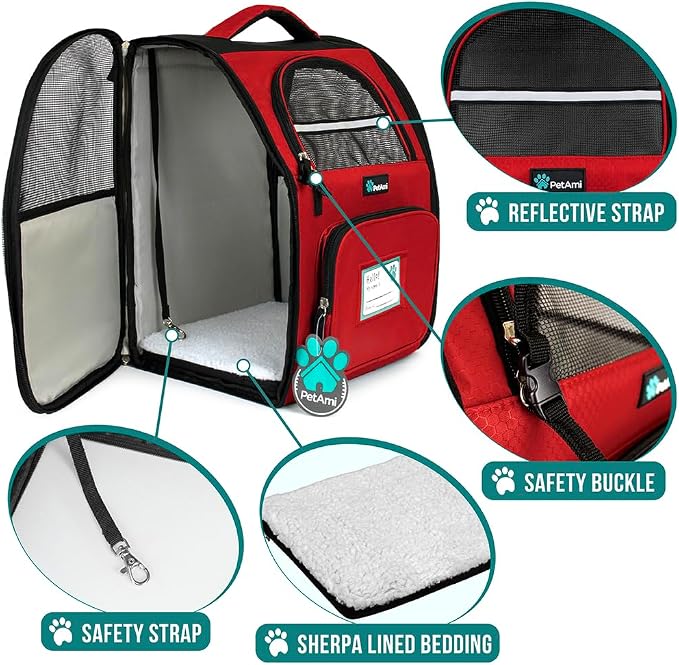 PetAmi Dog Backpack Carrier for Small Medium Dogs Large Cats up to 18 lbs, 2 Side Entry, Structured No-Collapse Frame, Airline Approved Ventilated Pet Backpack for Hiking Camping Travel Vet, Red