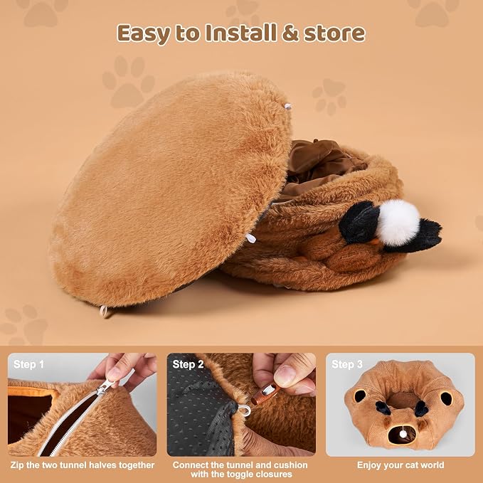 Cat Tunnel Bed with 20 Pcs Interactive Toys, 3-in-1 DIY Collapsible Plush Cat Tube with Washable Mat, Large Indoor Play Tunnel Cave for Kittens and Small Animals