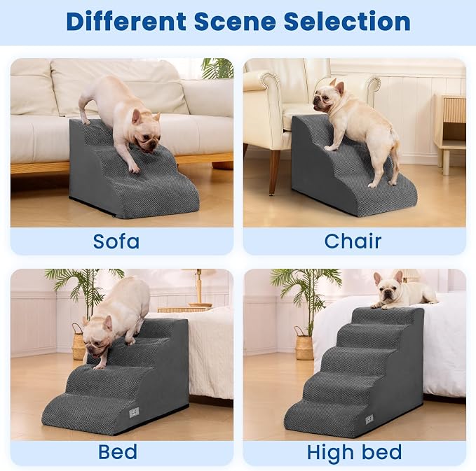 Dog Stairs for Small Dogs & Cats,3 Steps Non-Slip Pet Ramp for Couch,15.7"H | Airpanda Pet Stairs with Washable Cover & High-Density Foam,Gentle Curved Design,Ideal for Senior & Short-Legged Dogs,Grey