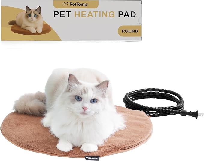 Pet Heating Pad for Cats Dogs Indoor & Sheltered Outdoor Waterproof Heated Cat Bed Heated Dog Bed Chew Resistant Cord Constant Temperature Brown Round 16 Inch