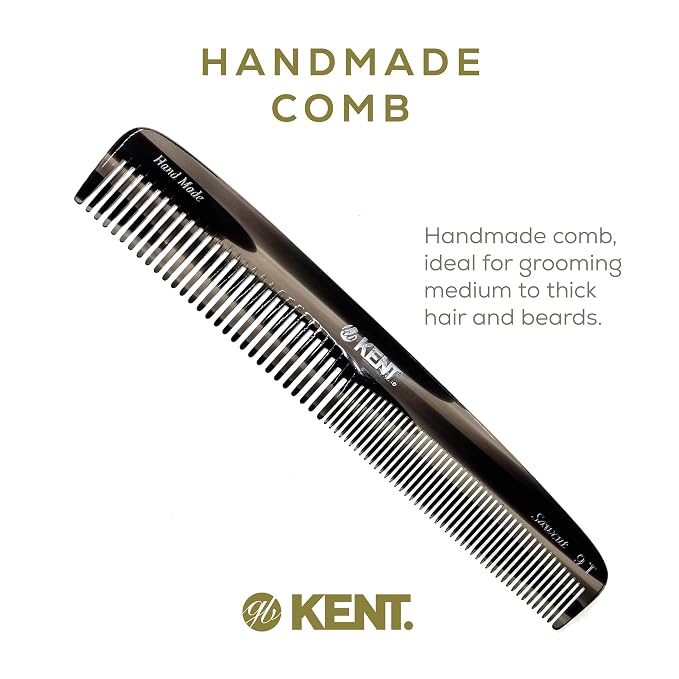 Kent 9T Black Graphite Fine Tooth and Wide Tooth Comb Detangler Hair Combs - Large Handmade and Saw-Cut Dressing Combs - Wet Hair Comb for Women and Durable Grooming for Men Made in England