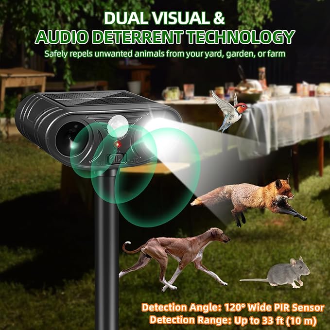 2026 Solar Ultrasonic Animal Repellent Outdoor, Motion Activated Deer Repellent Devices with Strobe Light, Waterproof Squirrel Cat Repellent Outdoor Rabbit Bird Racoon Deterrent for Yard Garden 2Pack