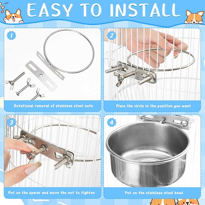 Zubebe 8 Pcs Stainless Steel Hanging Dog Crate Bowls, Non-Spill Kennel Food Water Bowls with Screw Clamp Attach Holders, Removable Mountable Metal Cage Feeder for Pet(19 oz)
