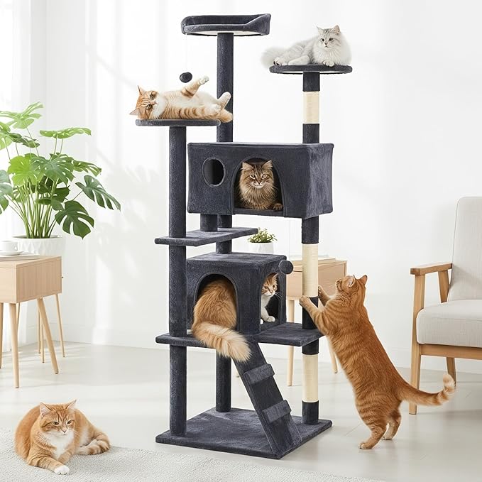Sweetcrispy 62 Inch Cat Tree Tower, Multi-Level with Cat Scratching Post, Indoor Cat Condo with Climbing Ladder, Plush Toy, Play House for Cat, Dark Grey