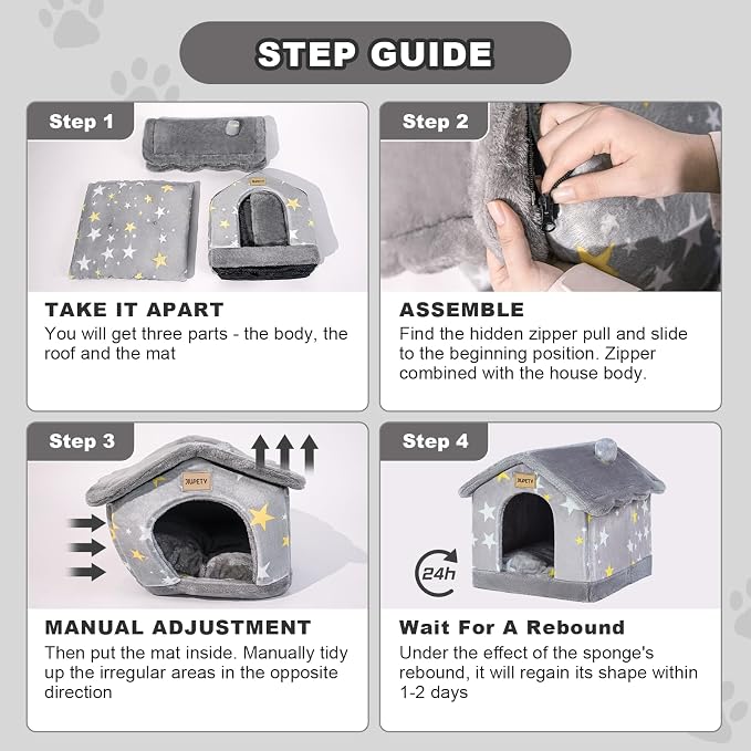 Cute Indoor Dog Houses, Dog Bed with Cover Cave,Soft Cozy Dog Cave Bed,Grey | M Size for 6-11 Lb Dogs and 9-17 Lb Cats, Igloo Pet House with Non-Slip Bottom,Dog Cave with Foldable Reversible