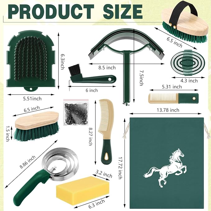 Abbylike 12 Pieces Horse Grooming Kit Racing Festival Tack Room Supplies Horse Brush Sets Equine Care Cleaning Kit Shedding Grooming Massaging Tools (Khaki and Green)