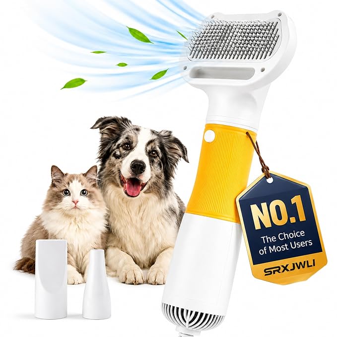 3 in 1 Pet Hair Dryers And Comb Brush High Velocity Blower for Dog Grooming | Portable Quiet Handheld Slicker with Steam Deshedding Intelligent Airflow System for Cats, Puppies and Professional(Yellow)