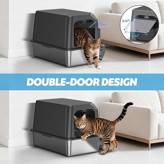 WoofiGo Enclosed Stainless Steel Cat Litter Box with Lid, XL Extra Large Litter Box for Big Cats, Metal Litter Pan High Sided, Never Absorbs Odors, Anti-Urine Leakage, Include Scoop (Dark Grey)