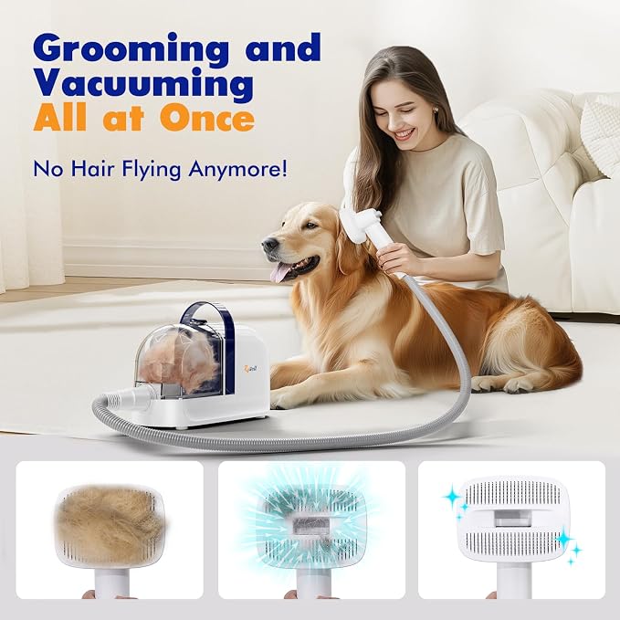Rywell Dog Grooming Vacuum Kit, 12000Pa Suction, 1.5L Capacity, Low Noise | Includes clippers and brushes, pet hair trimmer for shedding, home use grooming tool